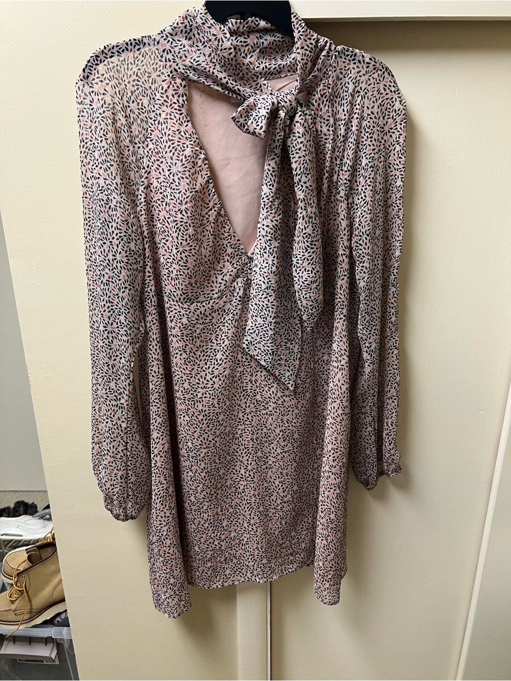 BCBGeneration Pink Printed Long-Sleeve Tie-Neck Dress